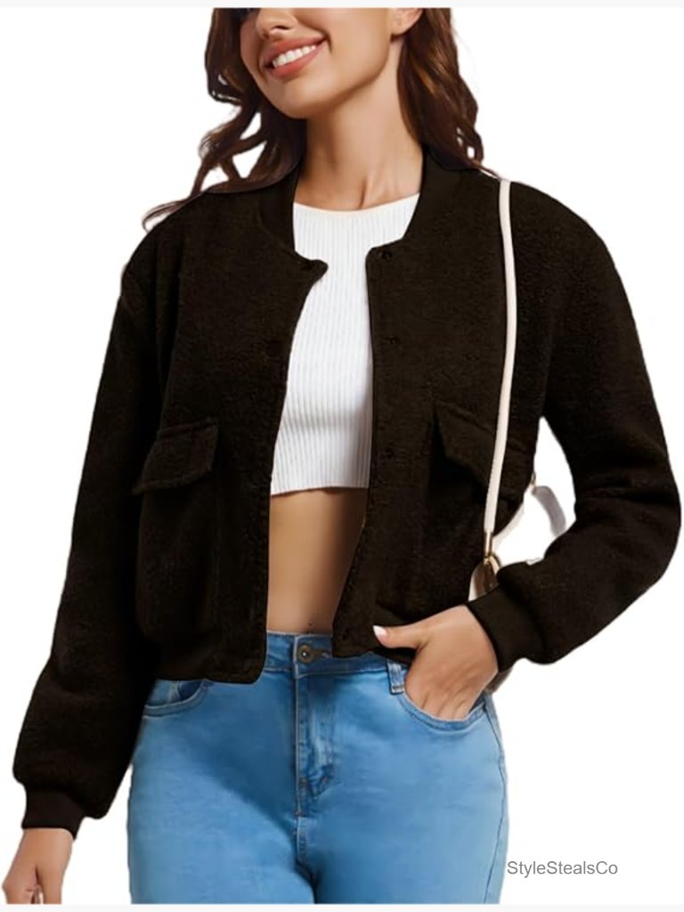 Cropped Wool Blend Button Down Bomber Jacket With Pockets